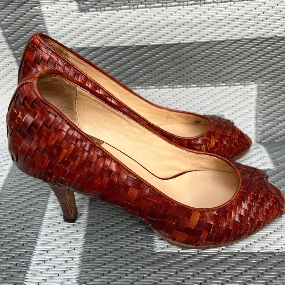 Cole Haan Brown Woven Leather Air Cushioned Insole peep Toe Pumps Size 10B